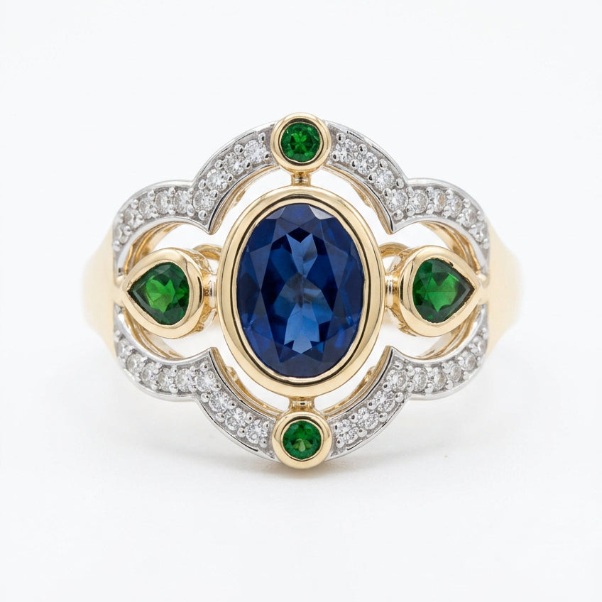 9ct Blue Topaz & Tsavorite Garnet Ring