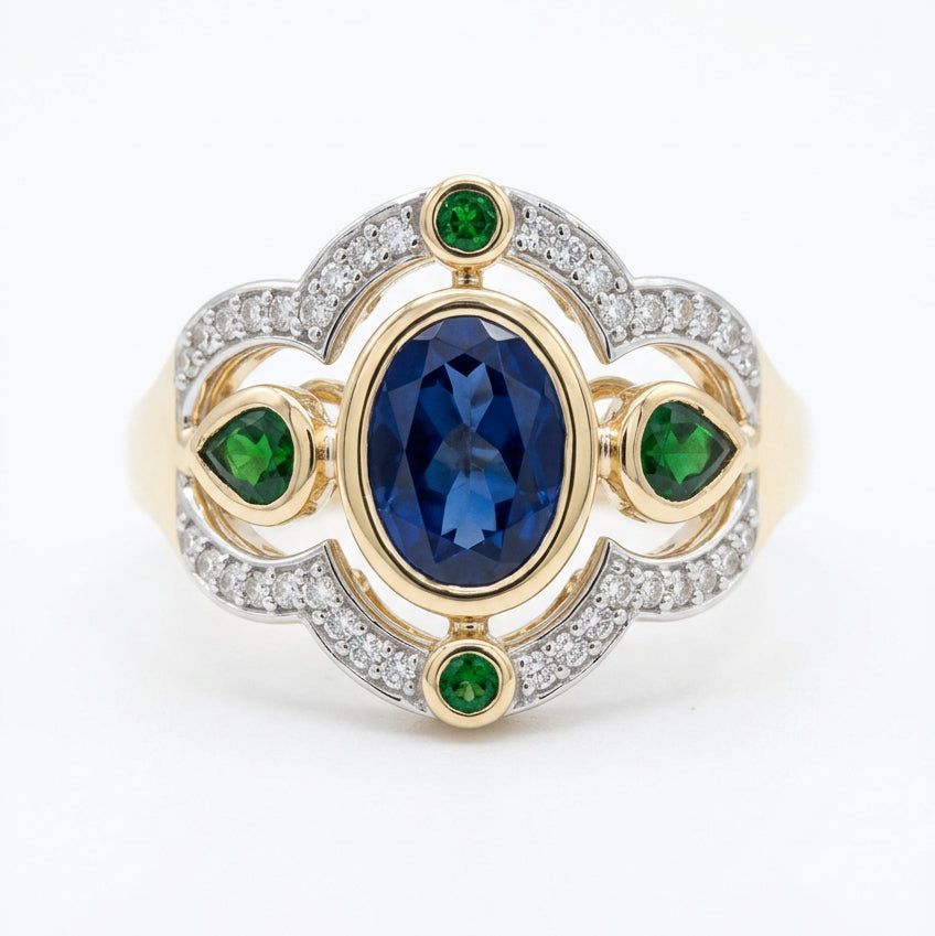 9ct Blue Topaz & Tsavorite Garnet Ring