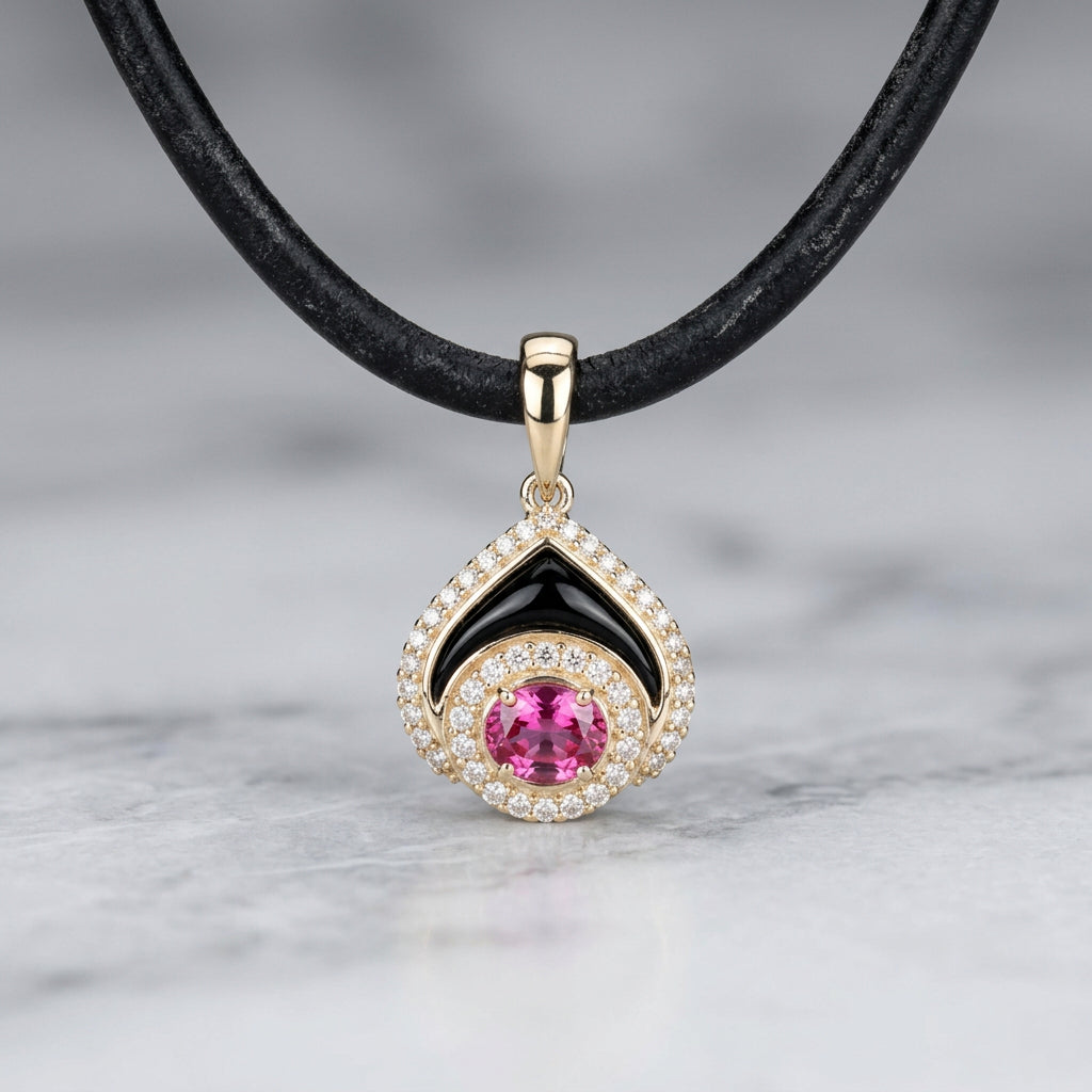 9ct Pink Topaz, Dia & Onyx Pendant