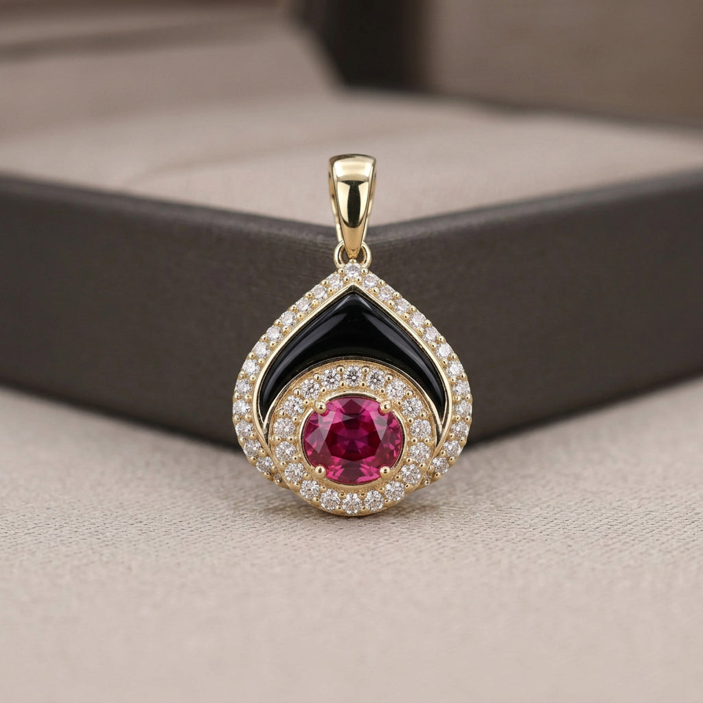 9ct Pink Topaz, Dia & Onyx Pendant