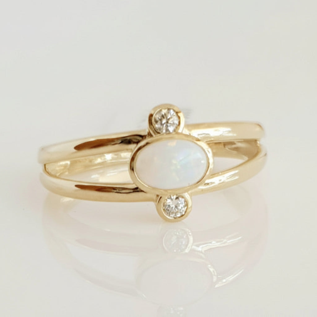 9ct yellow gold Solid White Opal & Diamond ring.