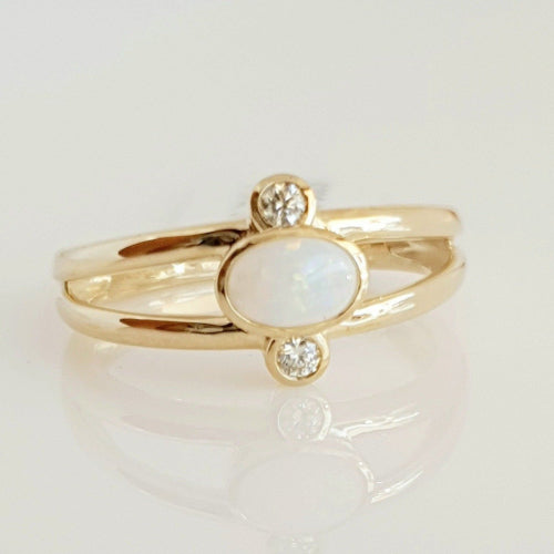 9ct yellow gold Solid White Opal & Diamond ring.