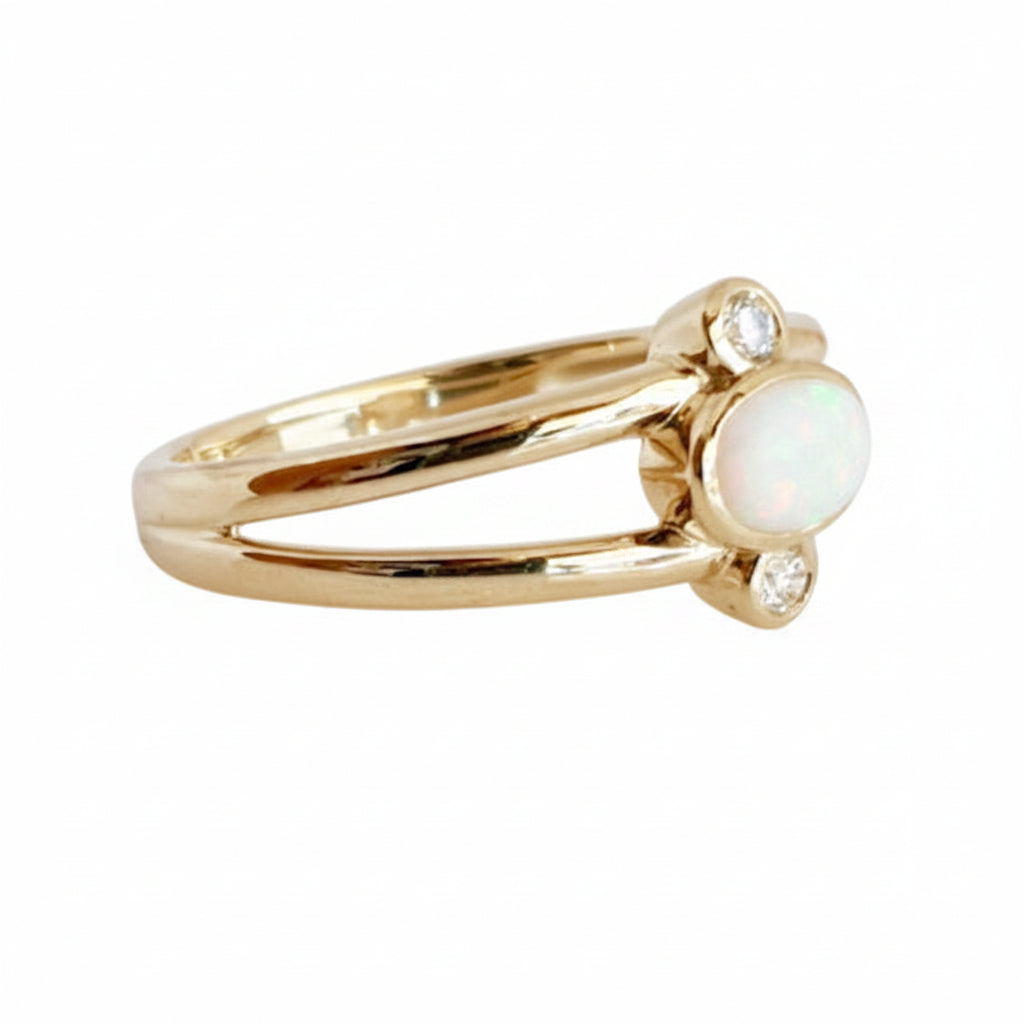 9ct yellow gold Solid White Opal & Diamond ring.