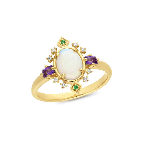 9ct Opal, Amethyst, Dia & Tsavorite Ring