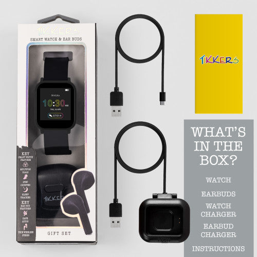 Tikkers Black Smart Watch & Ear Buds Set