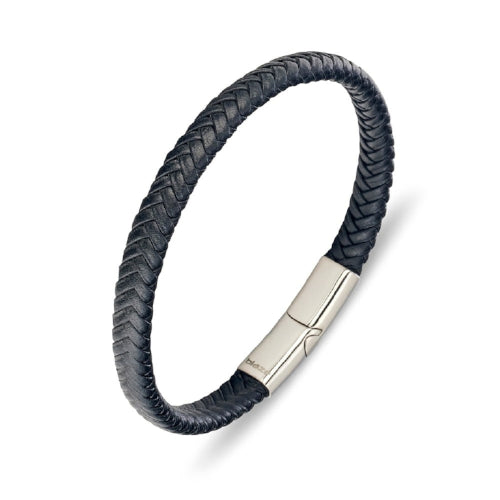 Steel Black Leather Braid Bangle