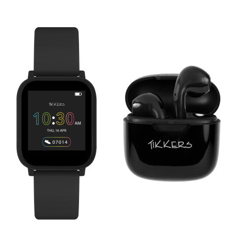 Tikkers Black Smart Watch & Ear Buds Set