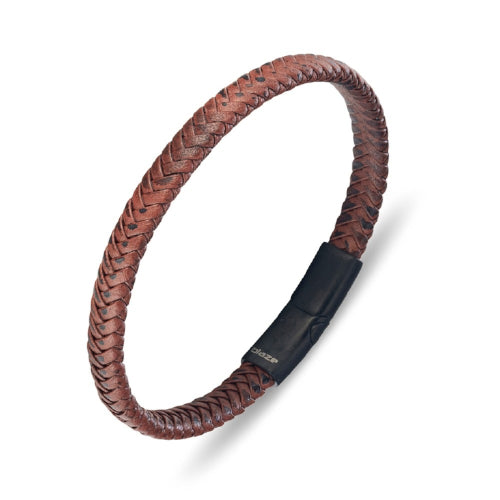 Steel Brown Leather Braid Bangle