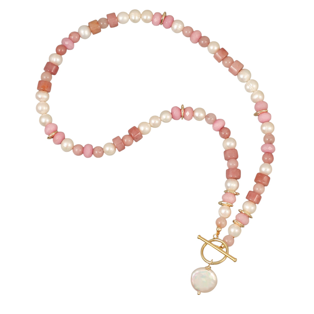 Pink Agate, Pearl & Jade Necklace