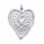 A silver heart-shaped pendant with a textured floral pattern and a central heart motif, shown with dimension labels indicating 26mm height and 21mm width on a white background.