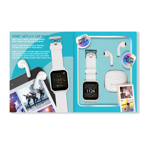 Tikkers White Smart Watch & Ear Buds Set