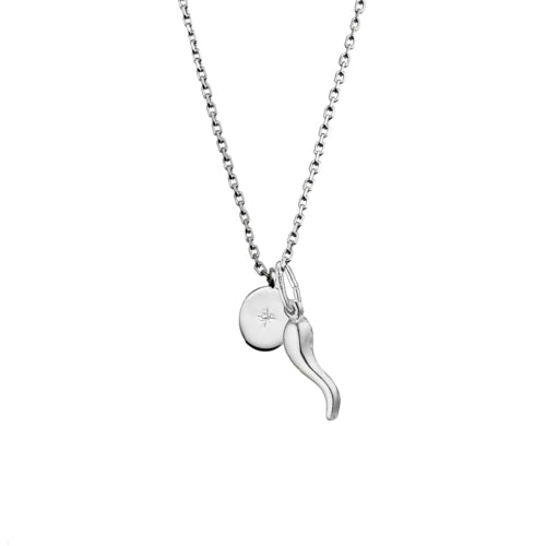 Cornicello & Oval CZ Pendant Necklace
