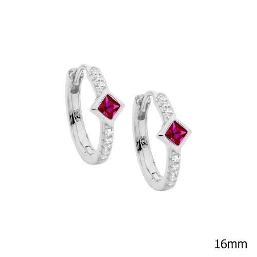 Silver & red CZ hoop earrings