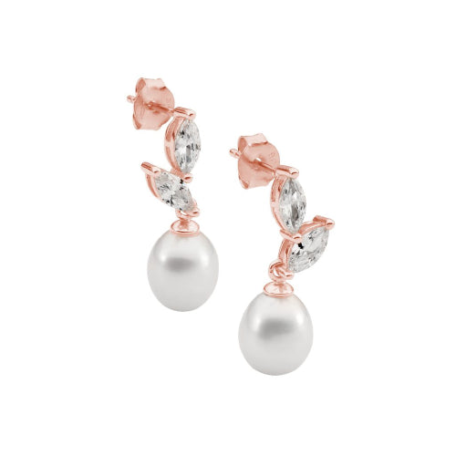 Rose Gold Plated Cz & Pearl Earrings