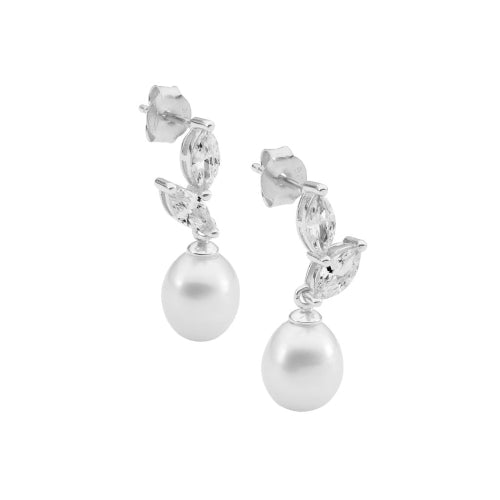 Sterling Silver Cz  & Pearl Earrings