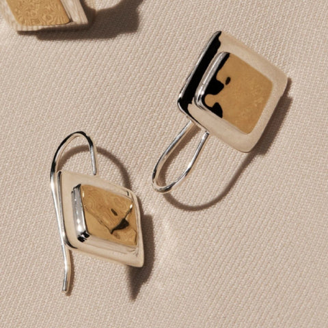 Two tone beaten square earrings