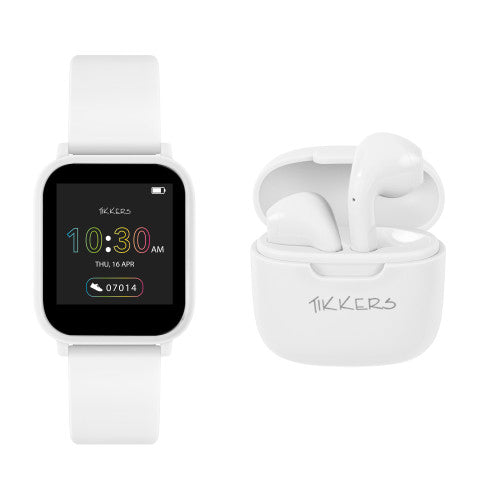 Tikkers White Smart Watch & Ear Buds Set