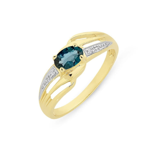 9ct yellow gold London Blue Topaz & Diamond ring.