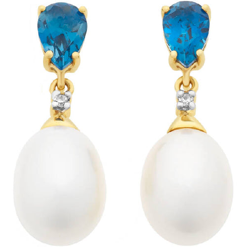 9ct Pearl Topaz & Diamond Drop Earrings
