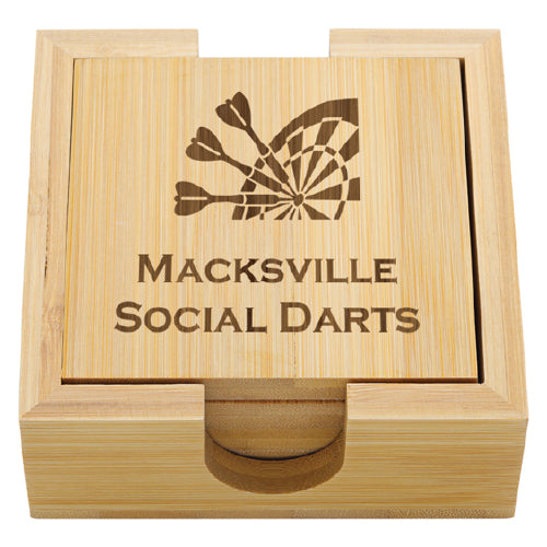Engraved Bamboo Coaster Set w/holder