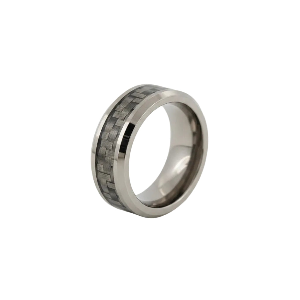 Silver ring with carbon fiber inlay on a white background