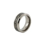 Silver ring with carbon fiber inlay on a white background