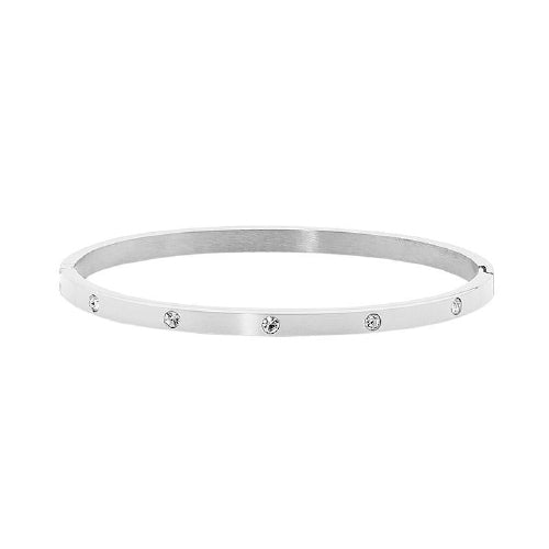 Silver Ip Plated Steel Cz Hinged Bangle