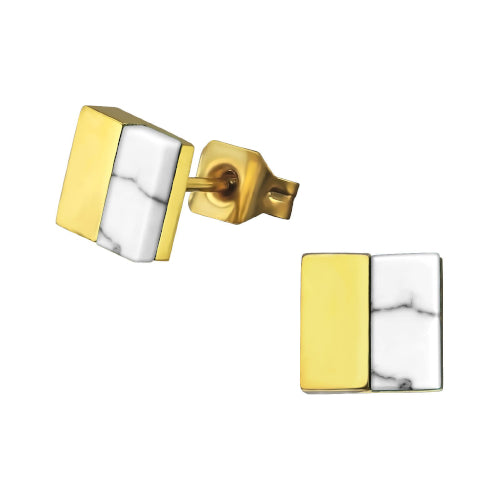 Stainless Steel White Howlite stud earrings. Yellow