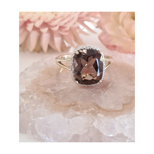 9ct Smokey Quartz & Diamond ring