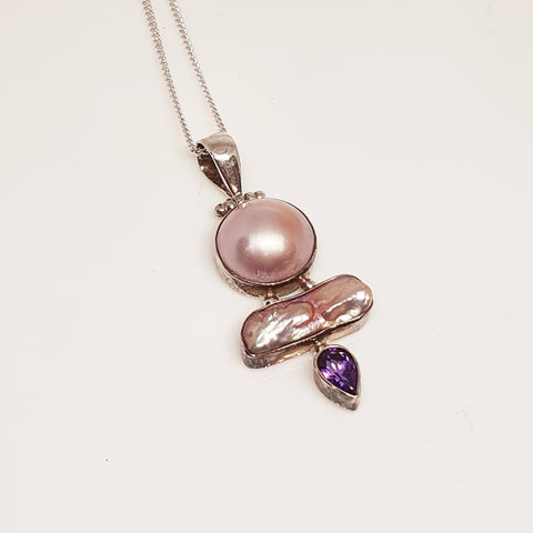 Sterling silver pearl and gem pendant