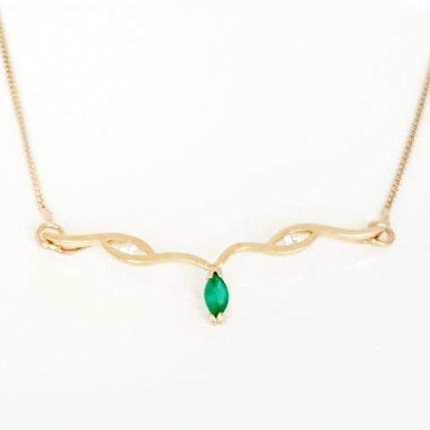 9ct yellow gold Natural Emerald & Diamond necklace.