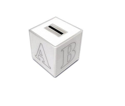 Silver plated cube money box.
