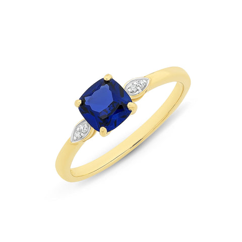 9ct yellow gold Created Sapphire & Diamond ring.