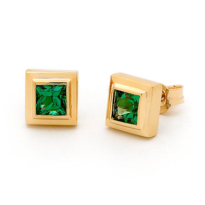 Biron Created Emerald Double Bezel Stud Earring in 9ct Yellow Gold