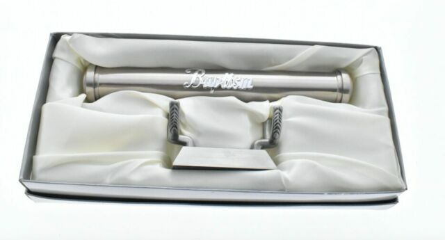 Baptism pewter finish certificate scroll & stand.