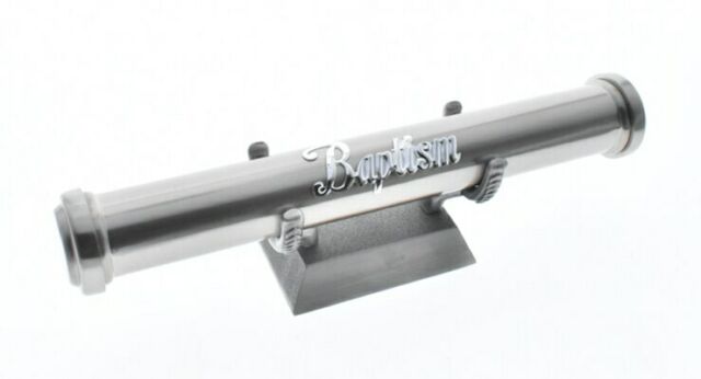 Baptism pewter finish certificate scroll & stand.